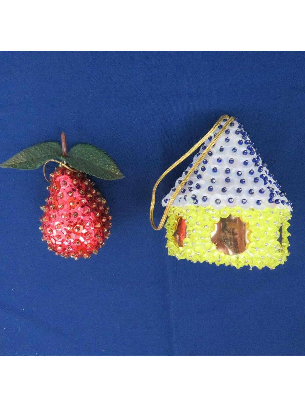 2 Sequin Bead and Pin Christmas Ornaments House Pear Decorations Hand Crafted